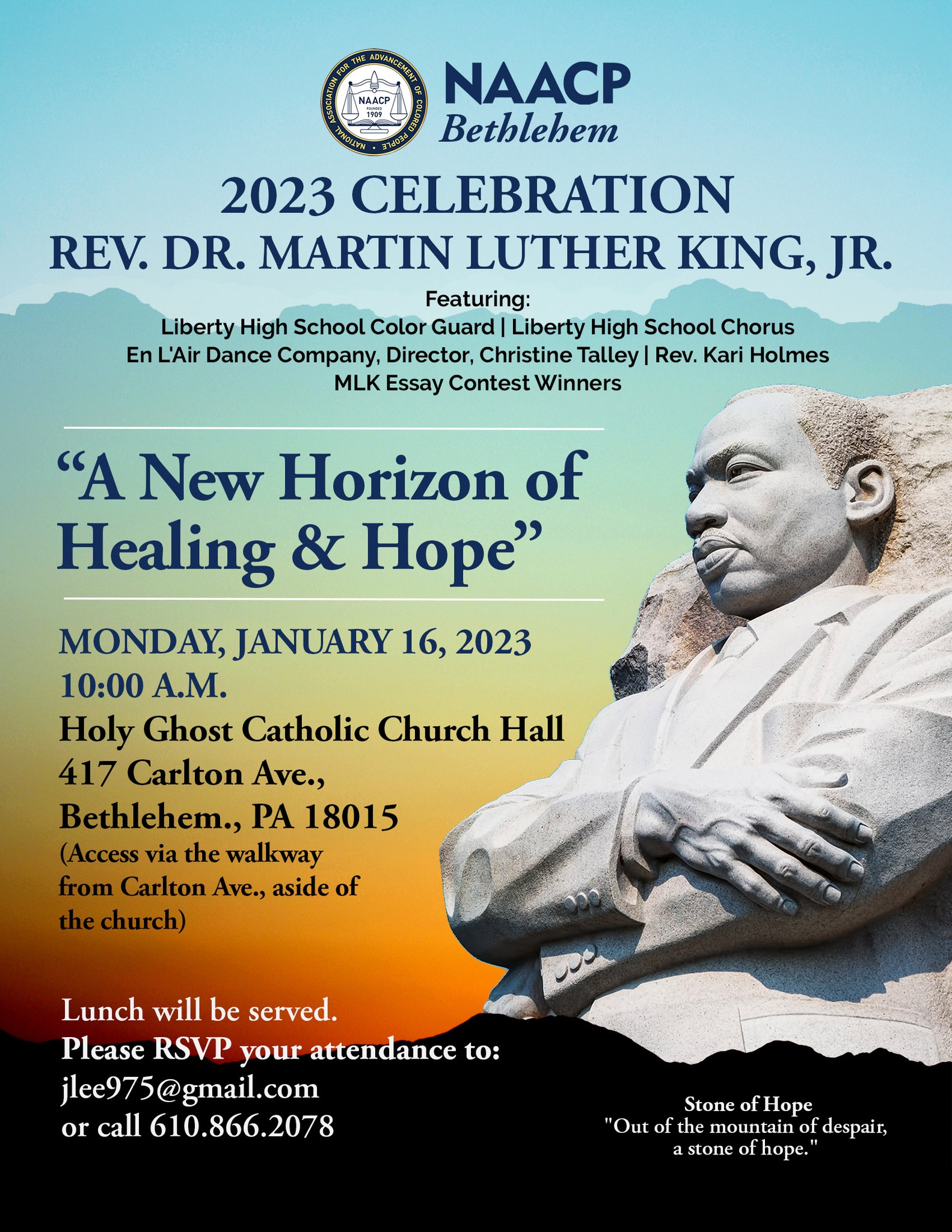 Post with Martin Luthar King Jr sculpture carved out of rock on right. Title of celebration "A New Horizon of Healing & Hope" and event date, time, and location details.